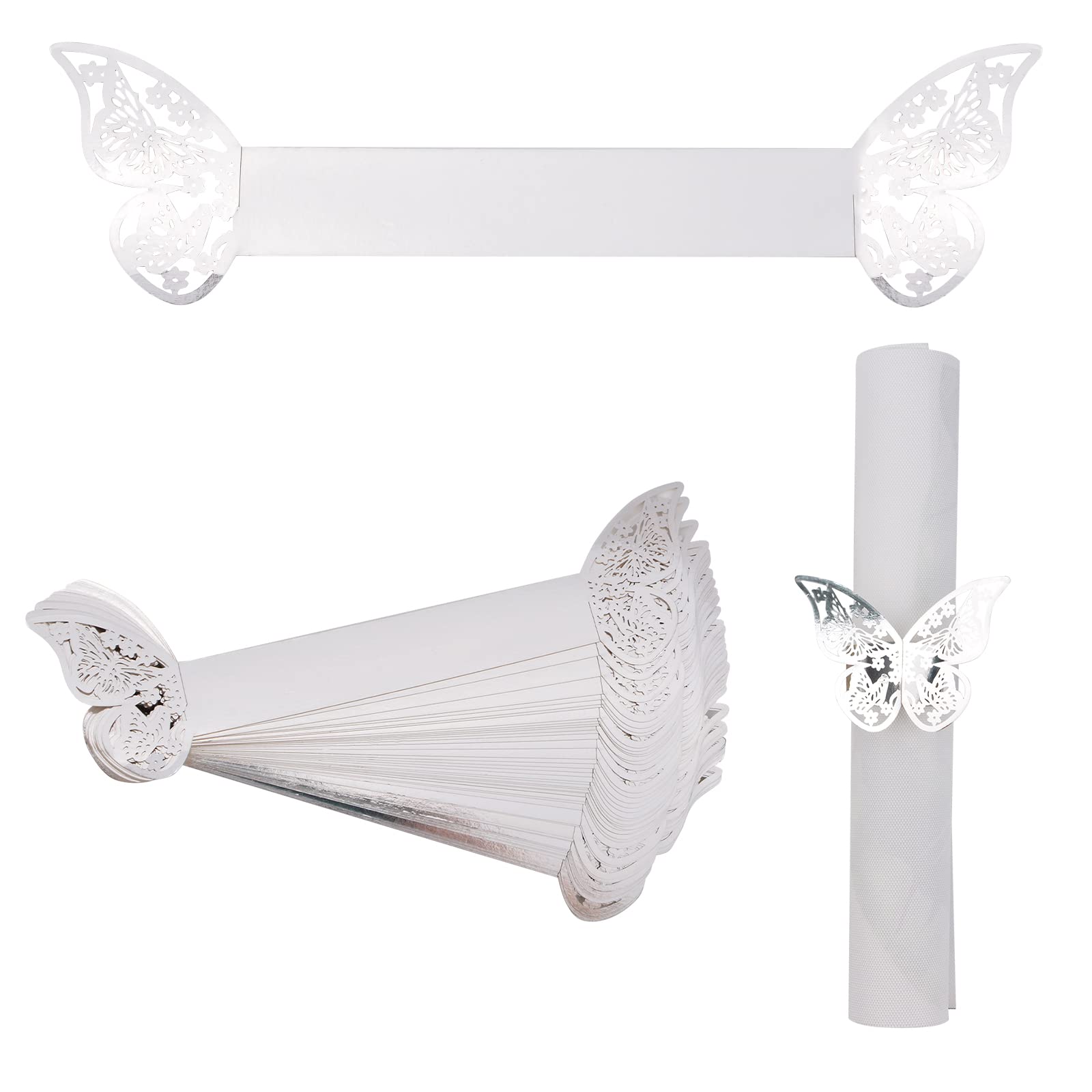 URROMA Napkin Rings, 50 Pcs Silver Butterfly Napkin Ring Holder Household Napkin Buckle for Table Decor