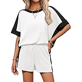 Tankaneo Womens 2 Piece Summer Outfits Oversized Short Sleeve Tops and Shorts Matching Sets Color Block Lounge Set