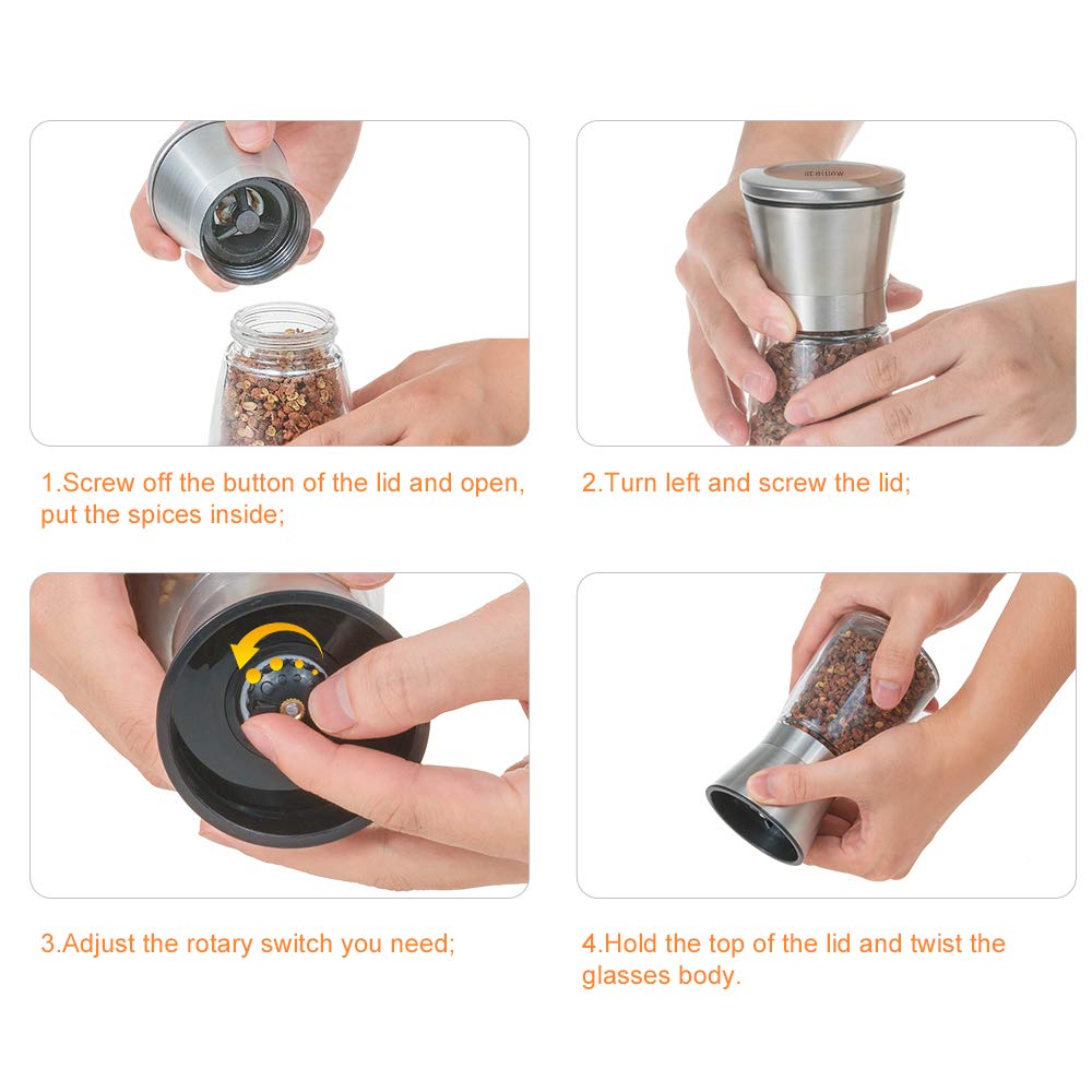 Salz- und Pfeffermühle Set, Henshow 2er Pack Premium Bürste Edelstahl Salz- und Pfeffermühle Set und Glaskörper Salz und Pfefferstreuer mit einstellbarer Keramik Grobigkeit zum Kochen Grillen