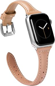 Wearlizer Thin Leather Compatible with Apple Watch Bands 42mm 44mm Womens Mens for iWatch SE Slim Wristband Strap Replacement Bracelet (Silver Metal Clasp) Series 6 5 4 3 2 1 Sport-Champagne Brown