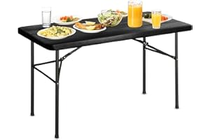 Bblife 4Ft Plastic Wooden Grain Folding Picnic Party Table, Indoor Outdoor Portable Heavy Duty, Black