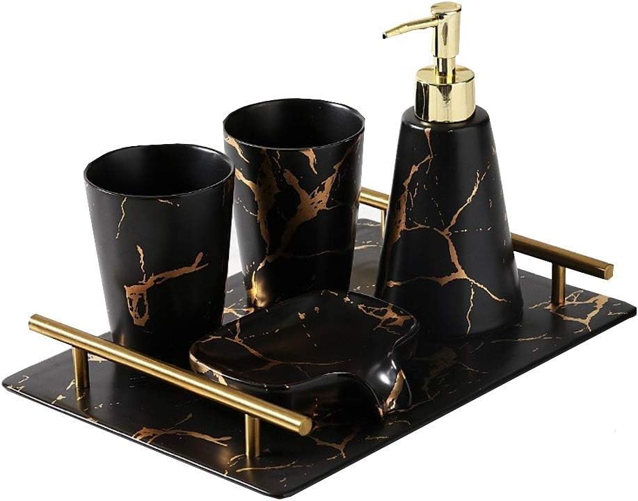 GSAGJysb Marble Pattern Tray Set, Bathroom Brush Cup/Soap Box/Lotion Bottle/Tray/Black Gold Tray Five-Piece