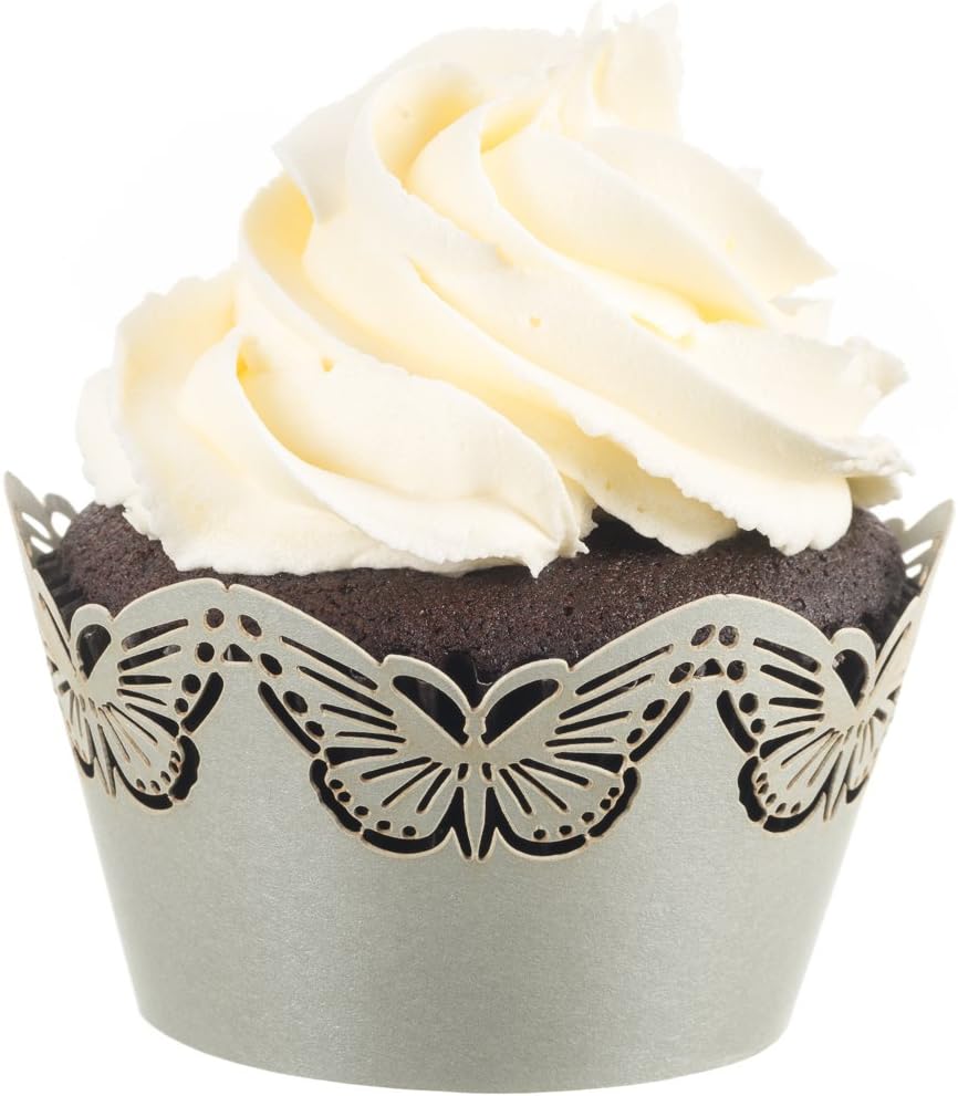 Butterfly Cupcake Wrappers x 50pcs in shimmering silver. 3 styles of butterflies to make your wedding or birthday occasion special. (Solid Silver)