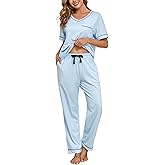 COLORFULLEAF 100% Cotton Pajamas for Women Set V Neck Short Sleeve Sleepwear Long Pajama Pants with Pocket 2 Piece Pjs Sets