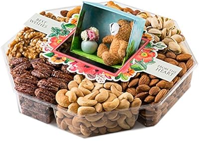 LARGE Gourmet Nuts Gift Basket with Miniature Teddy & Flowers Top Gift Idea for Men, Women, & Family (Mini Wishes)