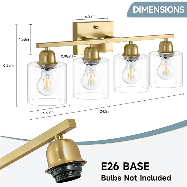 FAISHILAN MODERN BRUSHED GOLD 4 LIGHT BATHROOM LIGHT FIXTURES, 24 INCH VANITY LIGHTS FOR BATHROOM WITH CLEAR GLASS, BATHROOM VANITY LIGHT FOR MIRROR KITCHEN LIVING ROOM HALLWAY CABINET PORCH