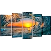 KREATIVE ARTS Large 5 Piece Sea Waves Wall Art Modern Framed Giclee Canvas Prints Seascape Artwork Ocean Beach Pictures Paintings on Canvas for Living Room Home Office Decor (Large Size 60x32inch)