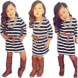 Girls Stripe Long Short Sleeve Party Mini Casual Dresses