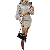 CHICME Women's 2 Piece Outfits High Neck Batwing Sleeve Sweater and Casual Slim Fit Skirt Set Fall Winter Sweater Set