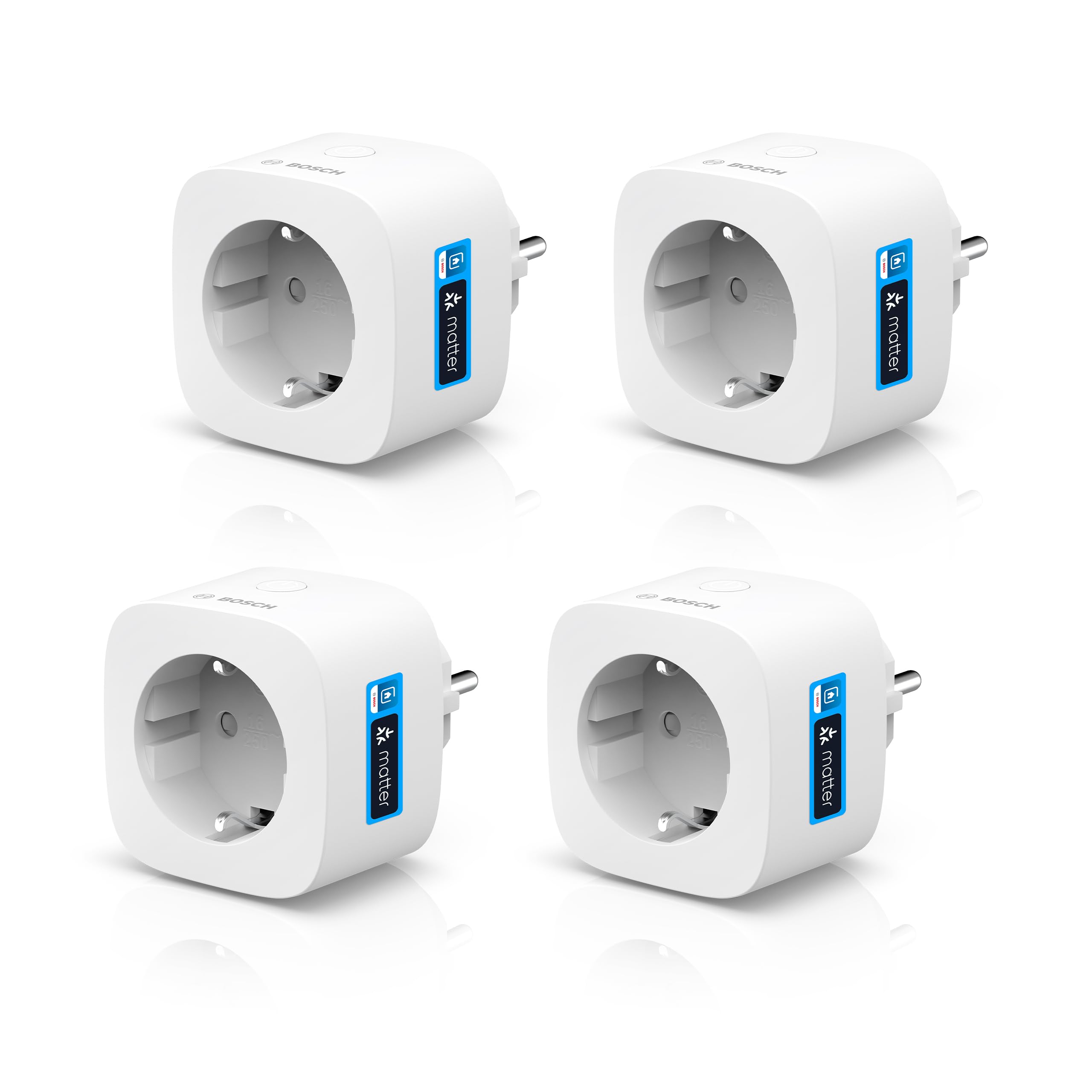 Bosch Smart Home Zwischenstecker kompakt [+M], smarte Steckdose mit Matter, Stromverbrauch messen & Energiekosten senken, App- & Sprachsteuerung, Apple Home, Google Home & Alexa kompatibel, 4er Set