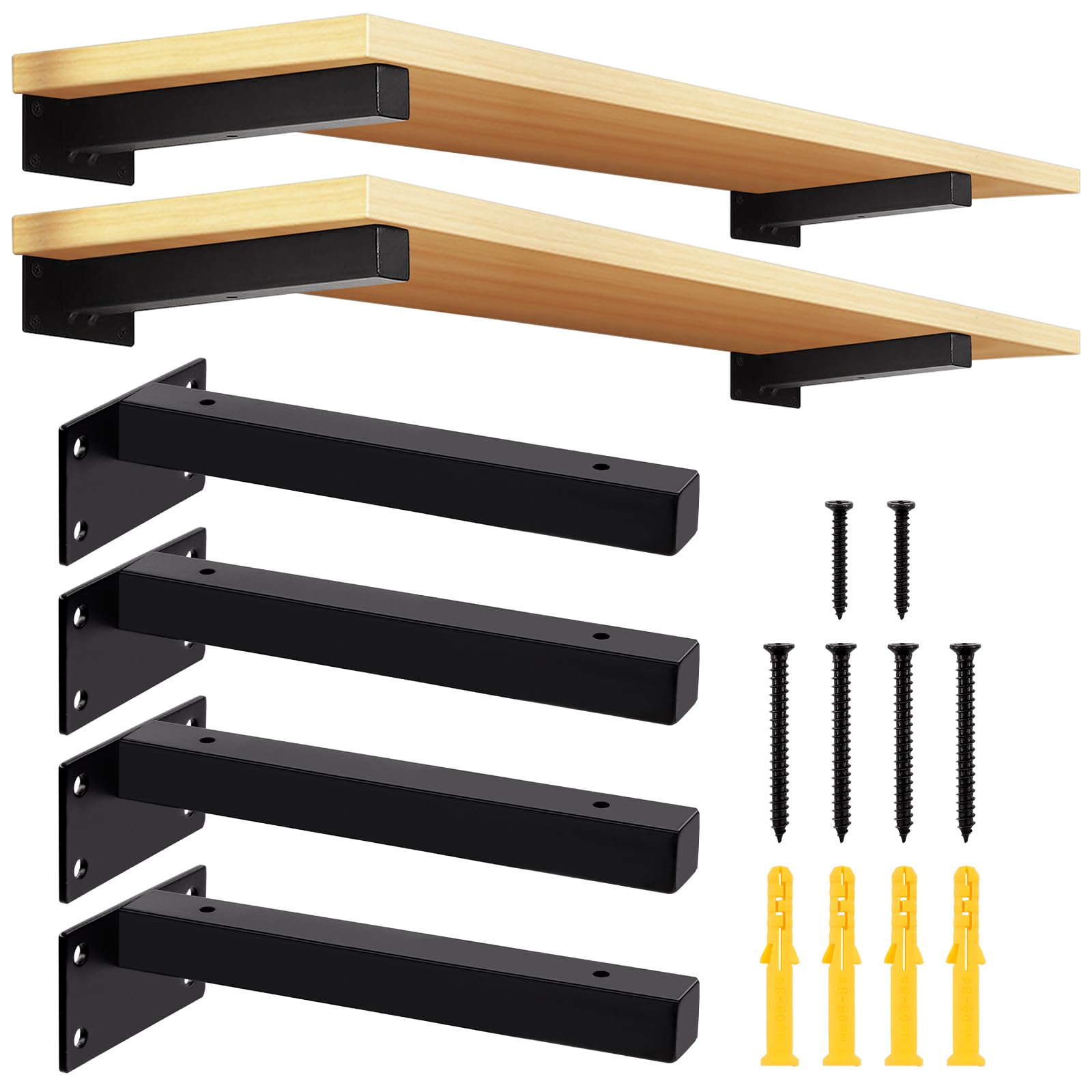 Tanstic 4 Pack 8 Inch Shelf Brackets, Heavy Duty Metal Wall Mounted Floating Shelf Bracket, Industrial Shelf Support Decorative Shelving Brackets with Screws for Shelves Support (Black)