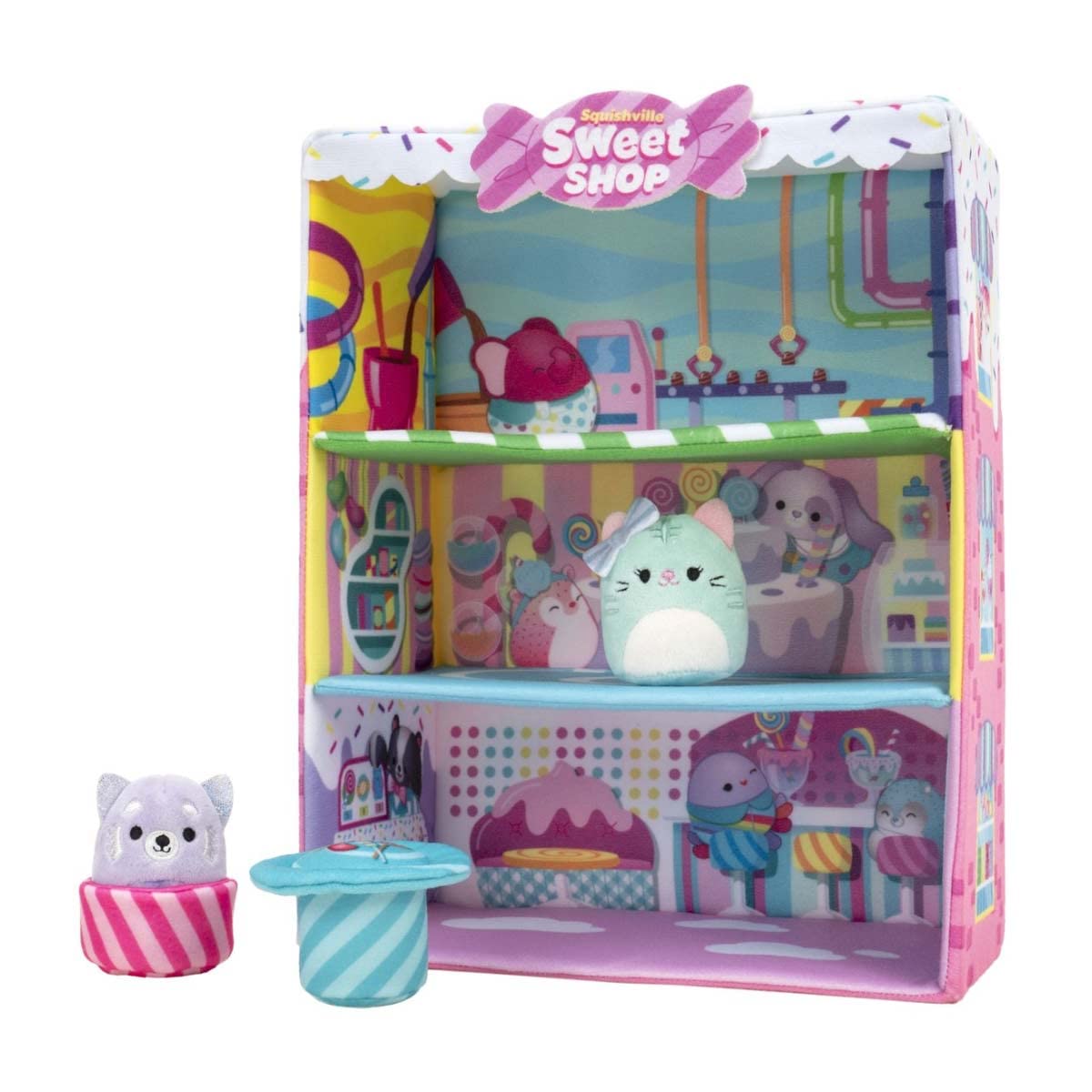 Squishville by Squishmallows SQM0341 Sweet Shop, Playset with 2 Inch Priya The Purple Panda, Tres’zure The Teal Cat and Bistro Table and Chair, Toys for Kids