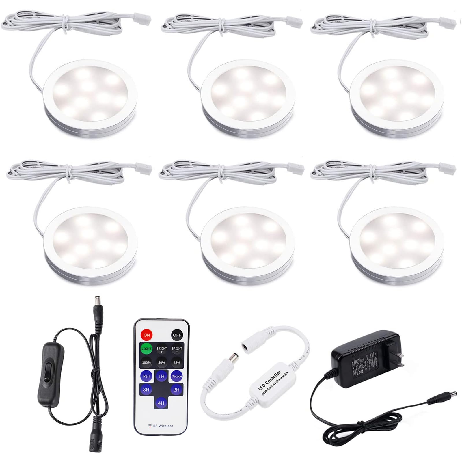 Photo 1 of AIBOO LED Under Cabinet Lighting Fixture Kitchen Under Counter Lights with Plug in and Wireless RF Remote Control, 6 Thin Cabinet LED Puck Light Kits (4000K Natural White)