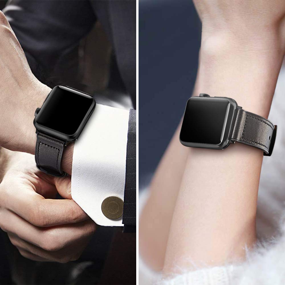 OUHENG Compatible with Apple Watch Band 49mm/46mm/45mm/44mm/42mm, Sweatproof Genuine Leather and Rubber Hybrid Band for iWatch Ultra 2/1 Series 10 9 8 7 6 5 4 3 2 1 SE, Black/Black