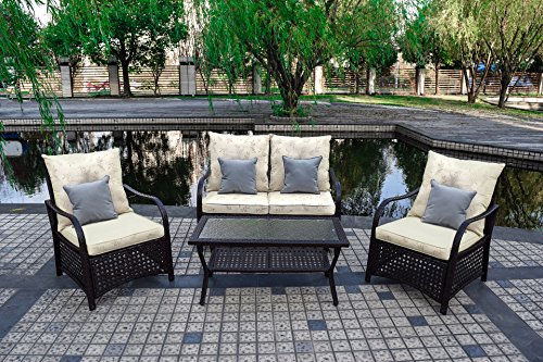 Sol Siesta Clubhouse Collection 4 Piece Conversation Set of Resin Wicker Patio Furniture, Yellow ...