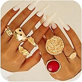 Vivian&CD 14K Gold Chunky Rings Set for Women Open Stacking Knuckle Ring Silver Adjustable Round Dome Rings Set Minimalist Irregular Statement Women Ring Jewelry