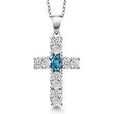 Gem Stone King 925 Sterling Silver Lab Grown Diamond and London Blue Topaz Cross Pendant Necklace for Women | 2.60 Cttw | Gemstone April Birthstone | Oval 6X4MM | With 18 Inch Chain