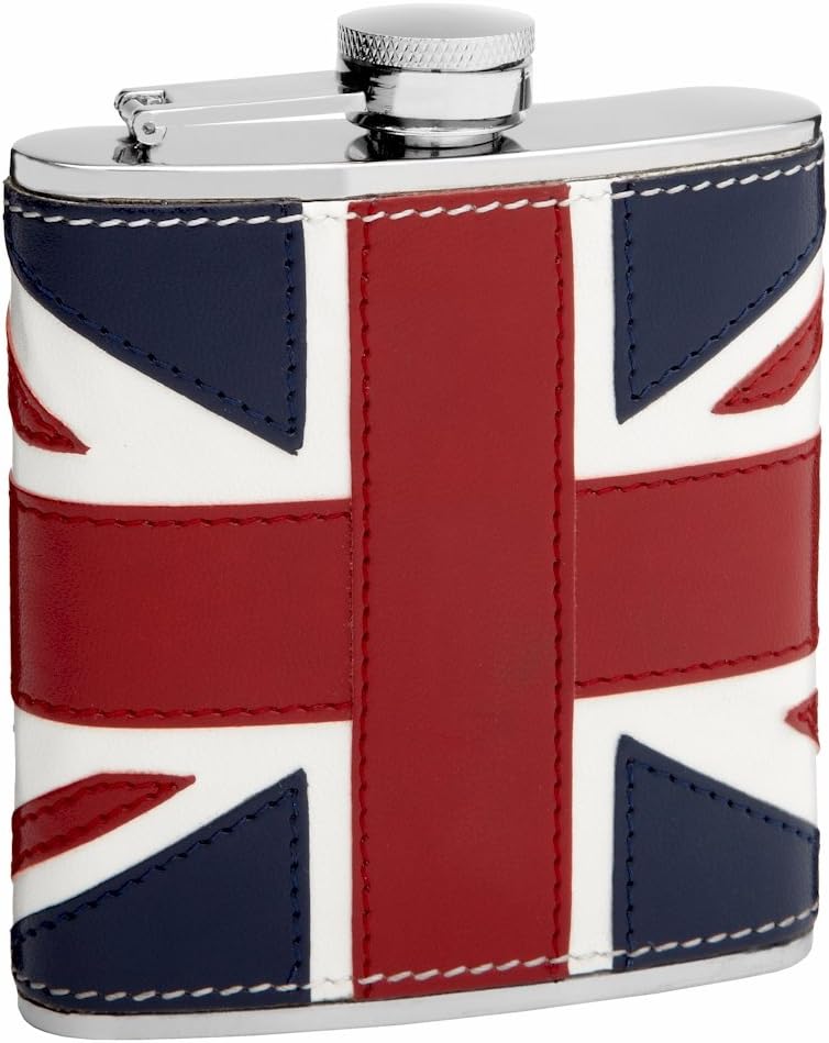 Hip Flask Holding 6 oz - British Flag Design - Pocket Size, Stainless Steel, Rustproof, Screw-On Cap - Red, Blue and White Finish