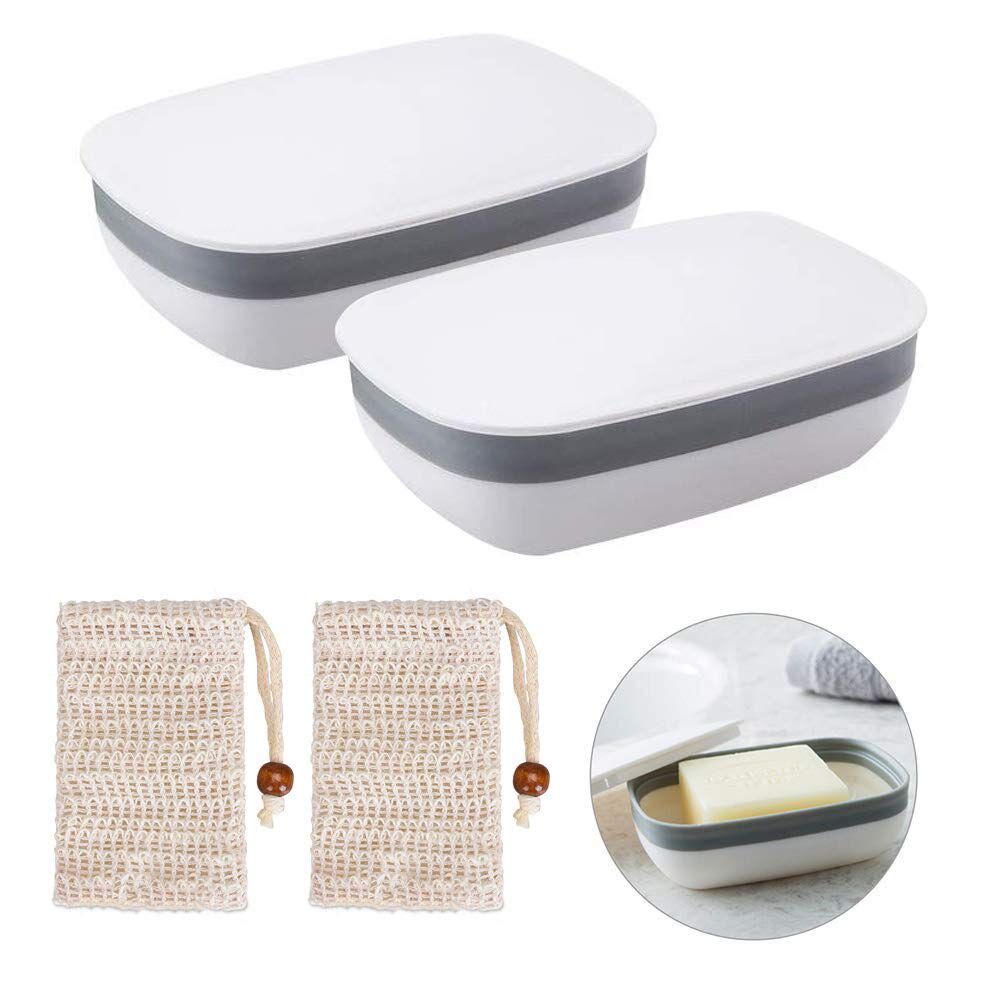Queta 2 x Plastic Soap Dish Soap Box for Bathroom Travel Hiking Camping with 2 Sisal Soap Bags (White)