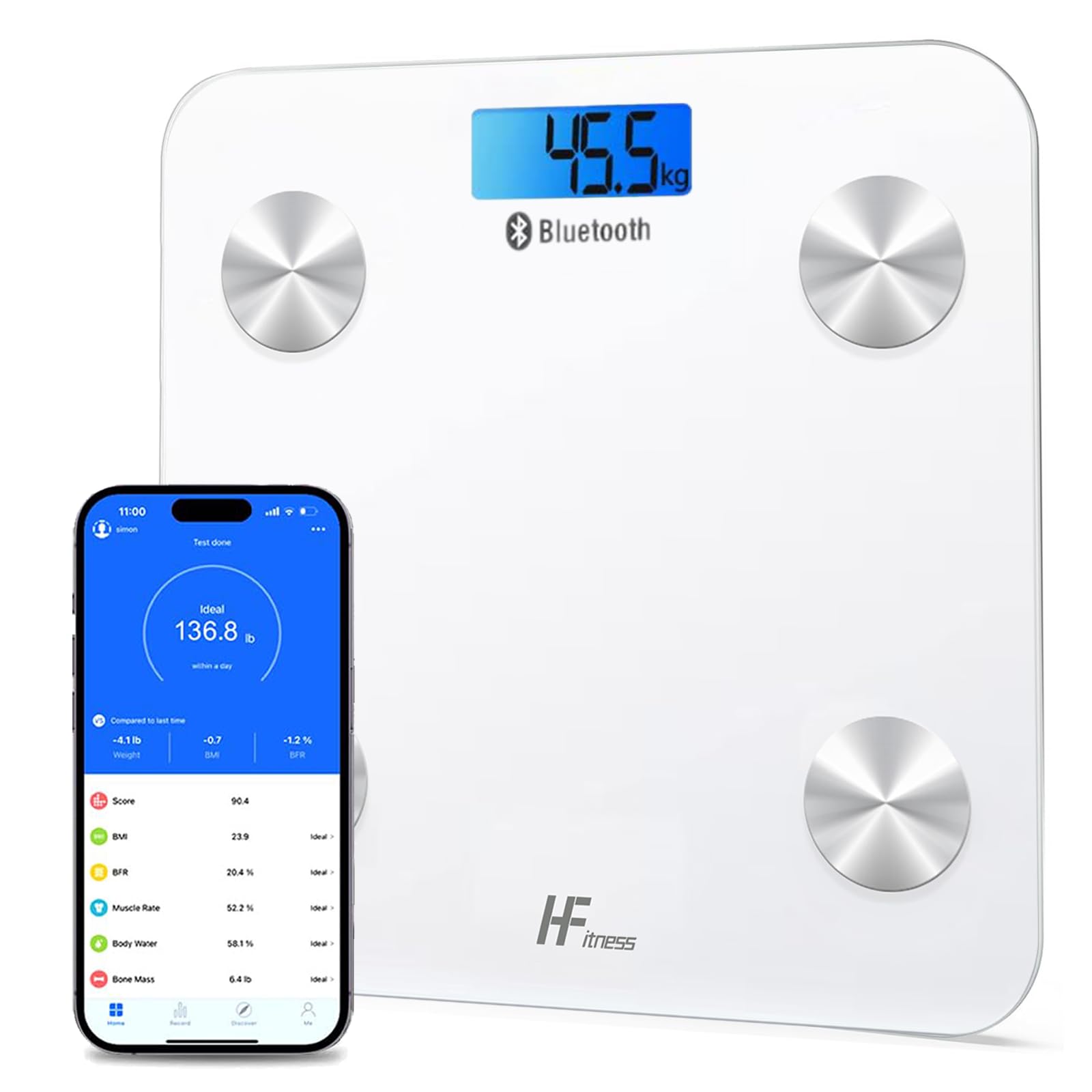 HomeFashion HFitness 19x Body Composition Indices 28x28cm Platform Smart Scale Bathroom Scales for Body Weight Body Fat Monitor BMI Muscle Mass Bone iOS Android App Bluetooth Wireless