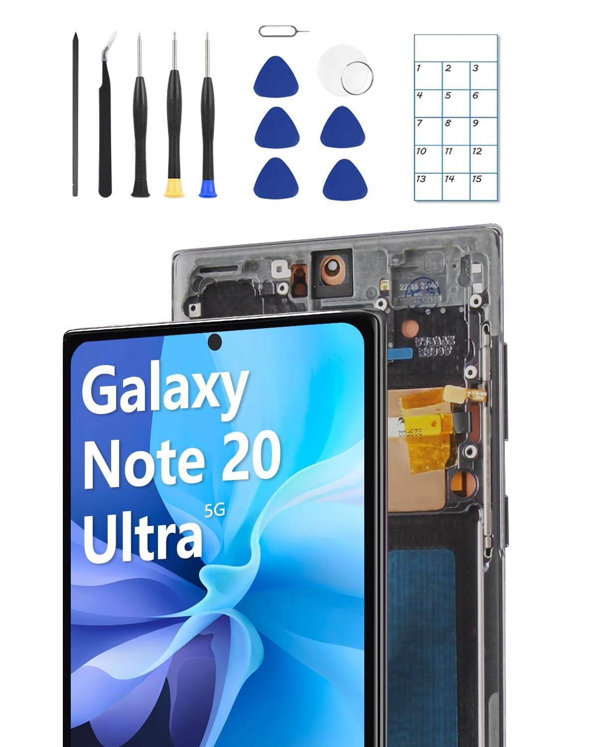 Photo 1 of JQYDZH OLED Screen Replacement for Samsung Note 20 Ultra 5G with Frame & Fingerprint Sensor – Includes Full Tool Kit & Installation Guide (Black)