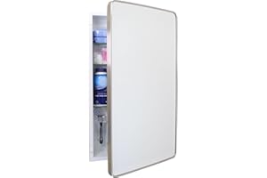 FOX HOLLOW FURNISHINGS 16x26 Austin Farmhouse Metal Framed Rounded Rectangle Recessed Bathroom Medicine Cabinet, Beveled Mirror, 14x24 in-Wall Opening, powder-coated Steel, Glass Shelves, Magnet Close, Brushed Nickel