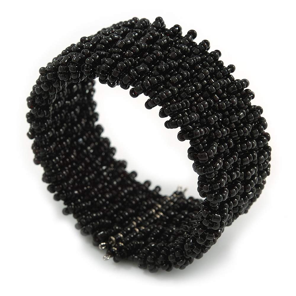 Avalaya Trendy Black Glass Bead Flex Cuff Bracelet - Adjustable