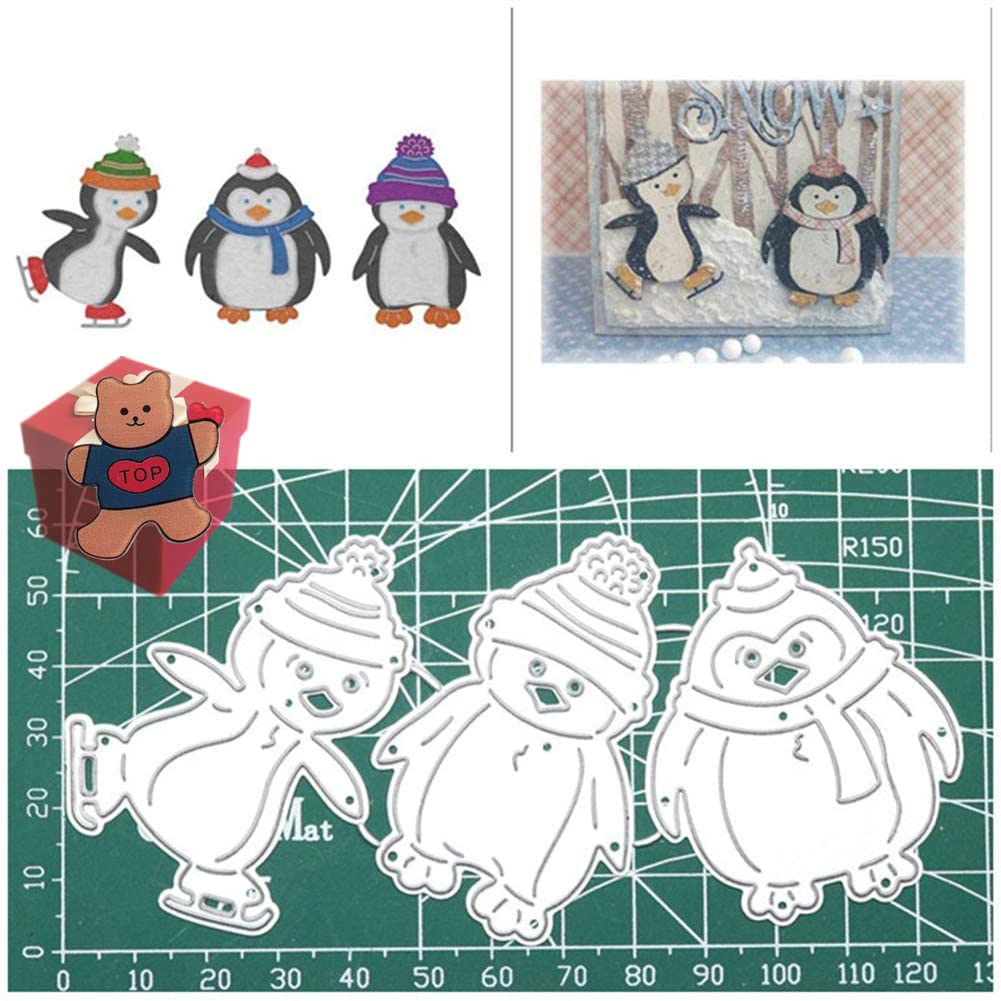 3pcs Penguin Dies for Card Making，3pcs Penguin Cutting Dies Cut Stencils for DIY Scrapbooking Photo Album Decorative Embossing Paper Dies for Card Making Templated+Cute Brooch Pin