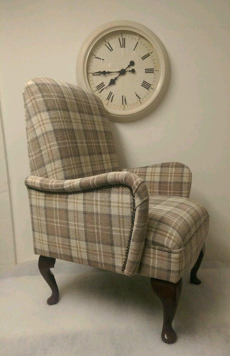 Metro Furniture Shabby Chic Brown Cream Latte Lana Tartan Small Bedroom Chair with arms