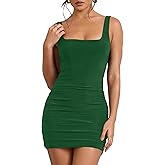 Mokoru Women's Sexy Ruched Bodycon Tank Dress Square Neck Sleeveless Short Mini Club Party Dresses