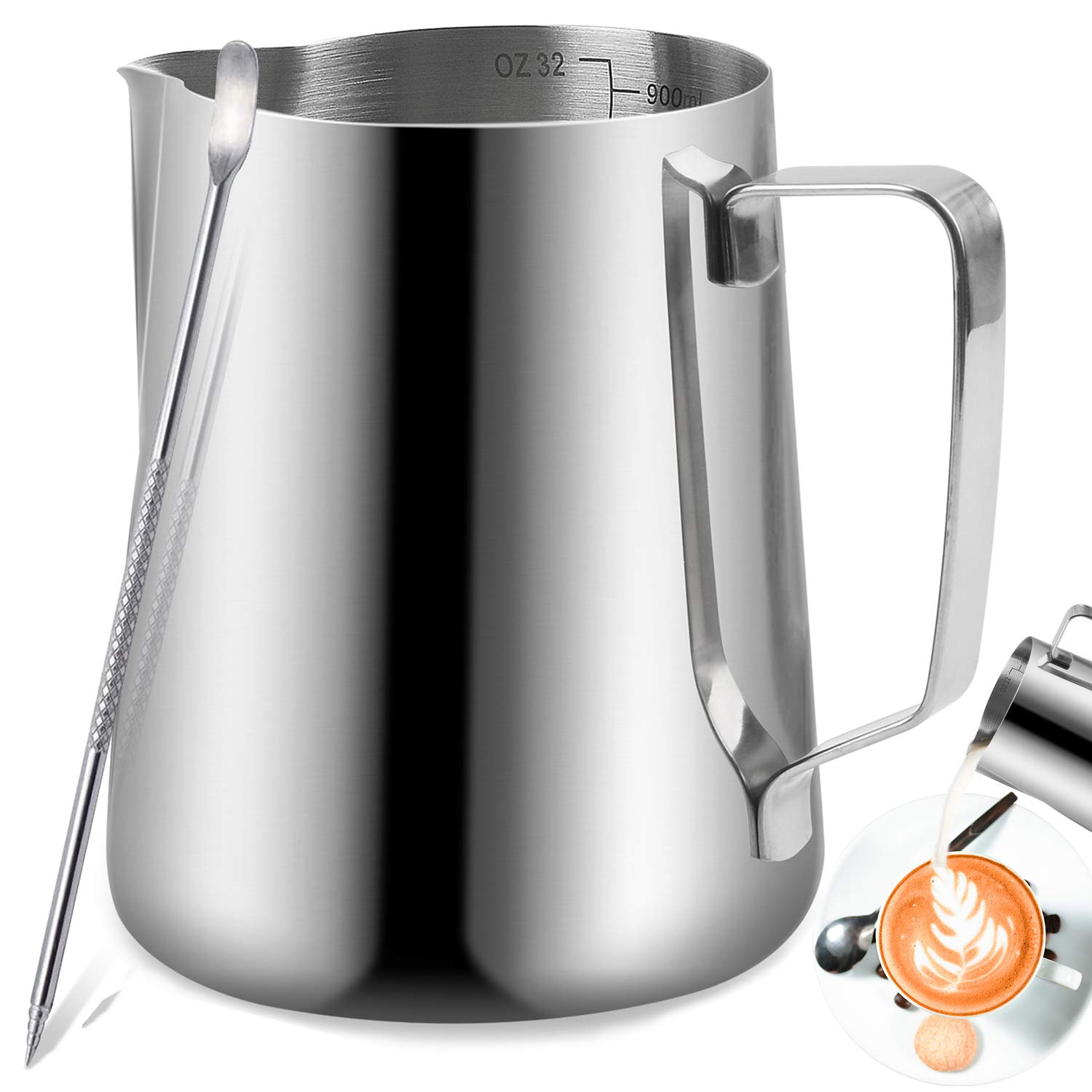 Milk Frothing Jug, TechKen Milk Frothing Pitcher 350ml/600ml/900ml(12oz/20oz/32oz) Stainless Steel Milk Coffee Frothing Pitcher with Measurement Mark for Making Cappuccino Espresso (20oz/600ml)