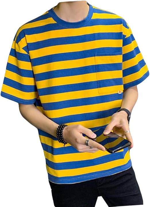 Amazon Qyyメンズ Tシャツ 半袖 ボーダー柄 カットソー ゆったり ティーシャツ クルーネック カラフル ファッション 夏服 大きいサイズ Tシャツ Tシャツ カットソー 通販