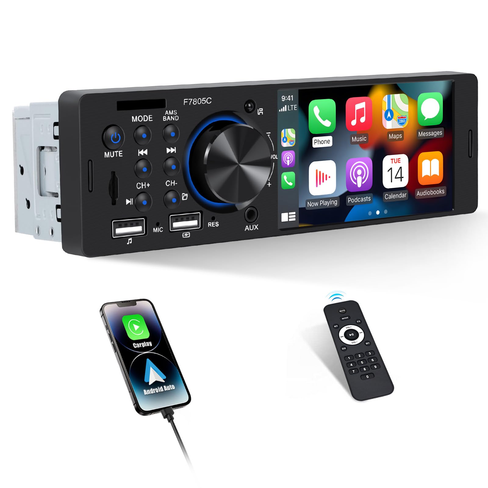 Photo 1 of Single Din Car Stereo with Apple Carplay Android Auto, 4" Touch Screen Car Stereo with Bluetooth Handsfree, Car Radio Support Mirror Link FM USB TF USX EQ SWC Remote Control