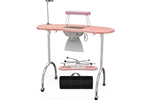 Paddie Portable & Foldable Manicure Nail Table with Built-in Dust Collector, 360°Rolling Wheels, USB-Plug LED Table Lamp, Wrist Rest, Carry Bag for Home Spa Beauty Salon Workstation (Pink)