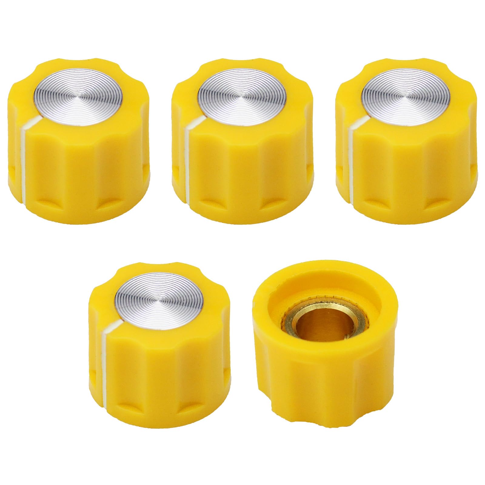 6.4mm Round Hole Small Fluted Silver Cap Retro Style Amplifier/Instrument Control Knob Pack of 5 (Yellow)