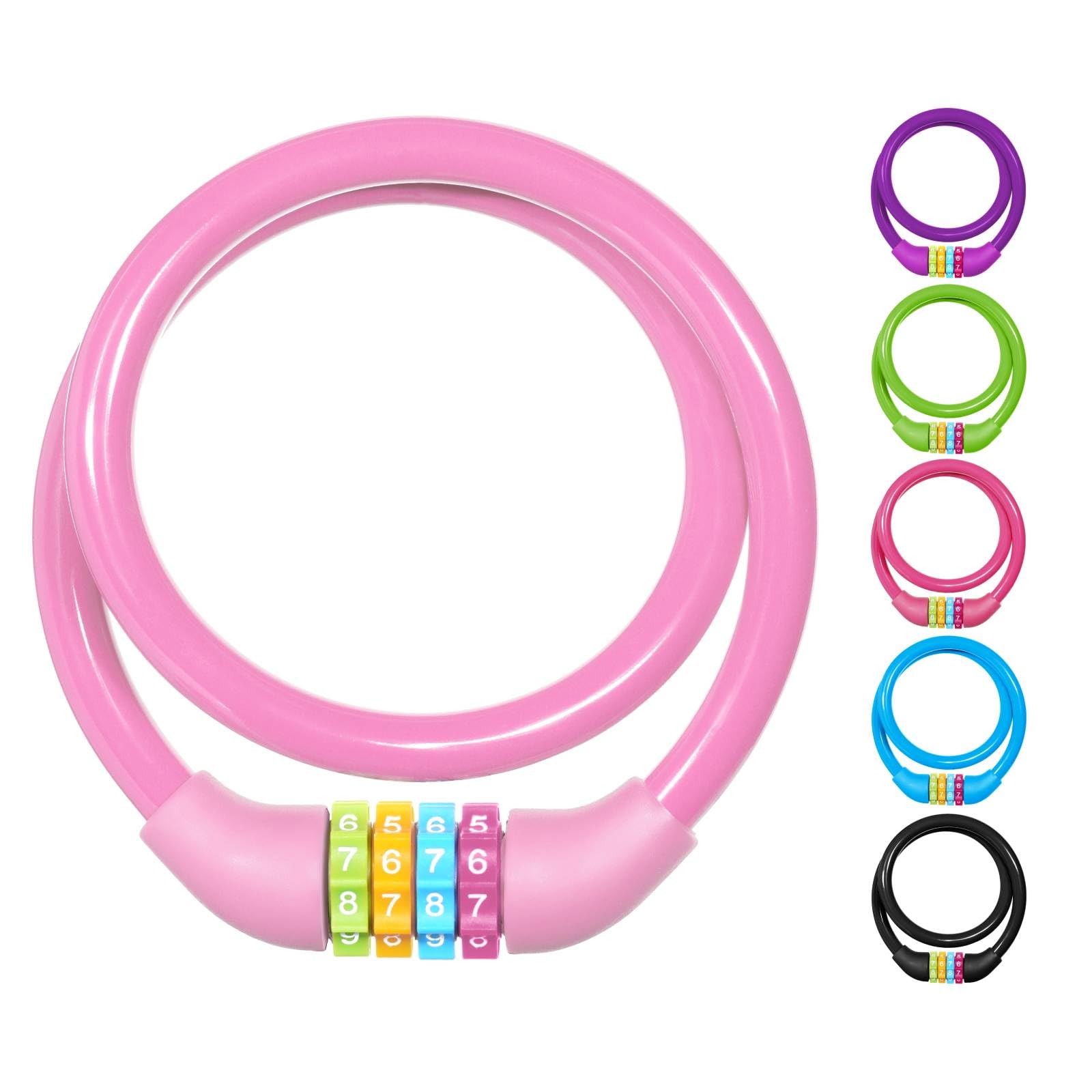 Ainiv Bicycle Padlock, 65 cm Anti-Theft Cable Lock with 4 Digits Intelligent Code Anti-Theft Code for Bicycle, Scooter, Motorcycles, Mountain Bike – Pink