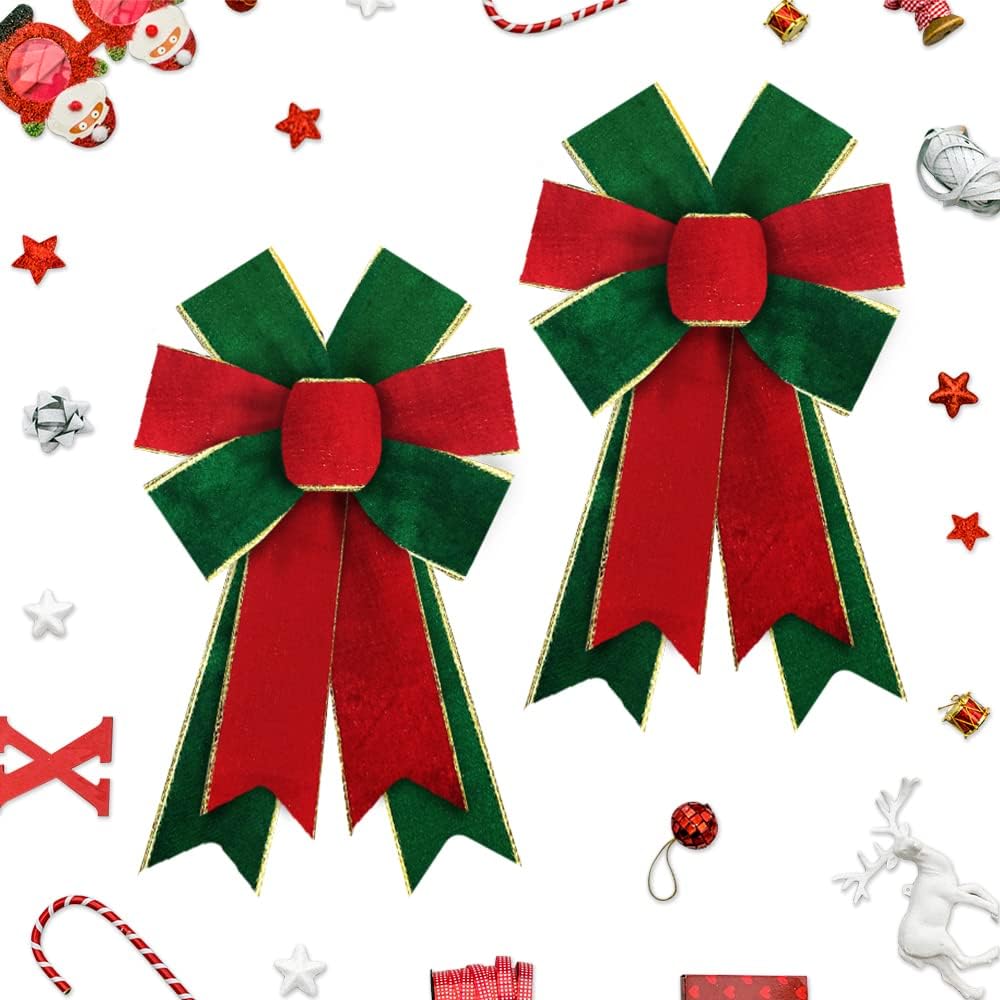 Bows & Ribbons - 2pcs Christmas Wreath Bows Christmas Bows Green Solid Red Burlap Bows for Wreaths, Christmas Ribbon Bows Tree Topper Bows for New Year Home Indoor Outdoor Decoration Wreath Ornament Supplies