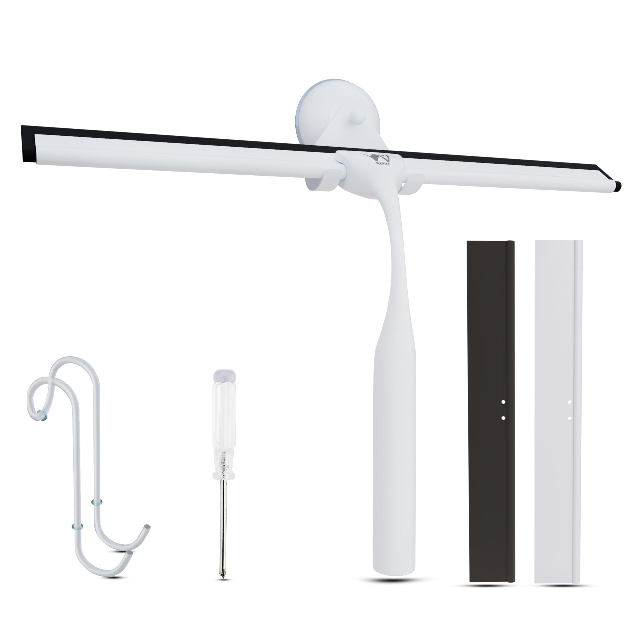 Wunset 25 cm Shower Squeegee, Large White Window Squeegee - 6 Pieces Set Including 2 Replacement Silicone Lips, Squeegee Shower Cleaner for Shower Doors and Various Smooth Surfaces (25 cm, White)