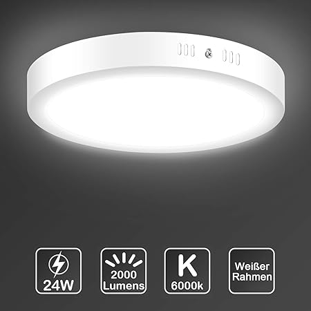 LED Deckenleuchte, Uchrolls LED Deckenlampe 24W, Ersetzt 150W Glühbirne,2000LM,Kaltweiß 6000K, Ø30cm,Rund Metall Rahmen,Moder