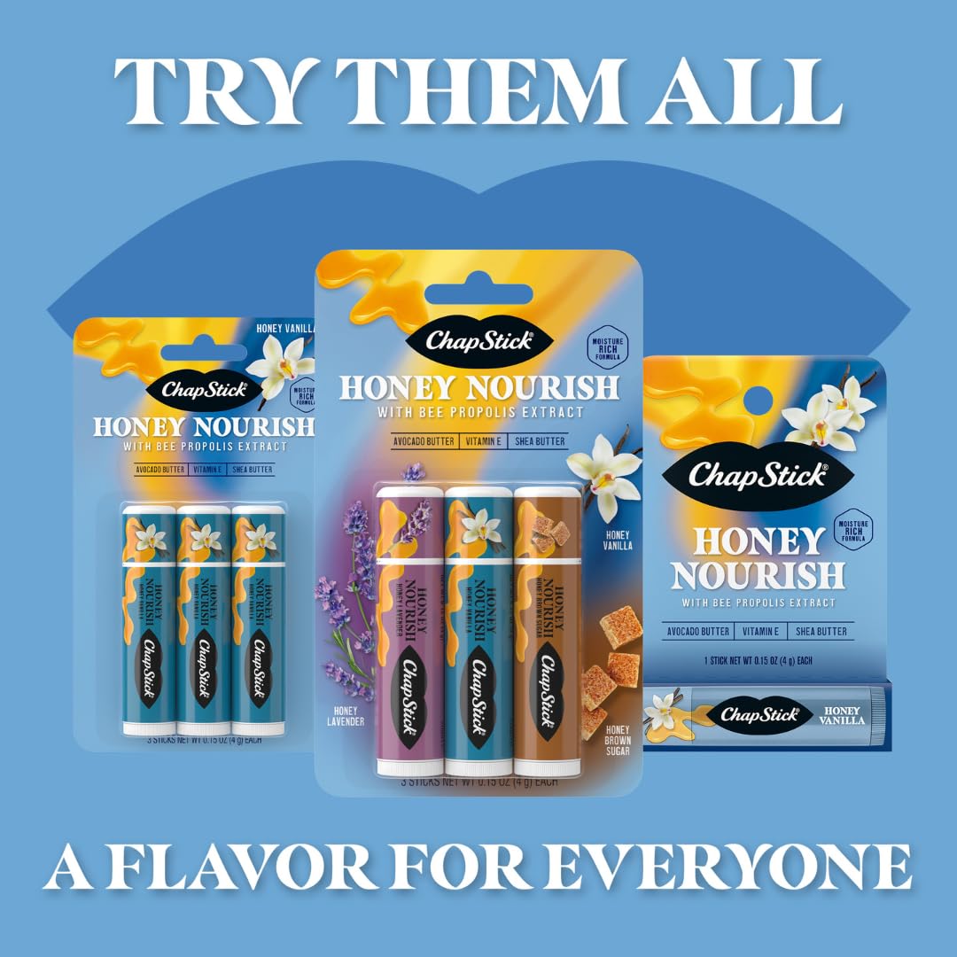 ChapStick Lip Balm Honey Nourish Flavors Honey Lavender, Honey Vanilla, Honey Brown Sugar, 3CT BC .45OZ