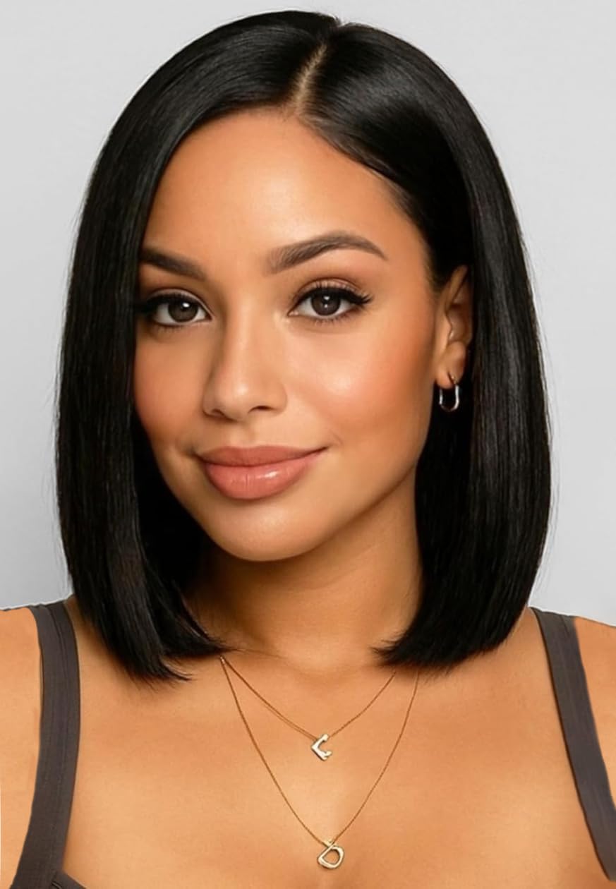 PORSMEER Short Straight Black Bob Wig Lace Middle Parting for Women Natural Synthetic Heat Restistant Hair