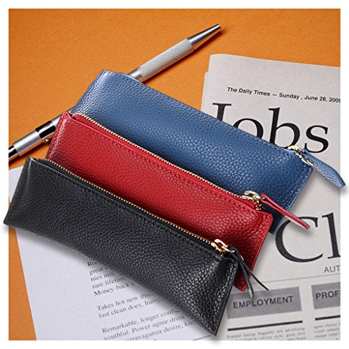 BTSKY Genuine Leather Pencil Case Zippered Pen Case Stationery Bag