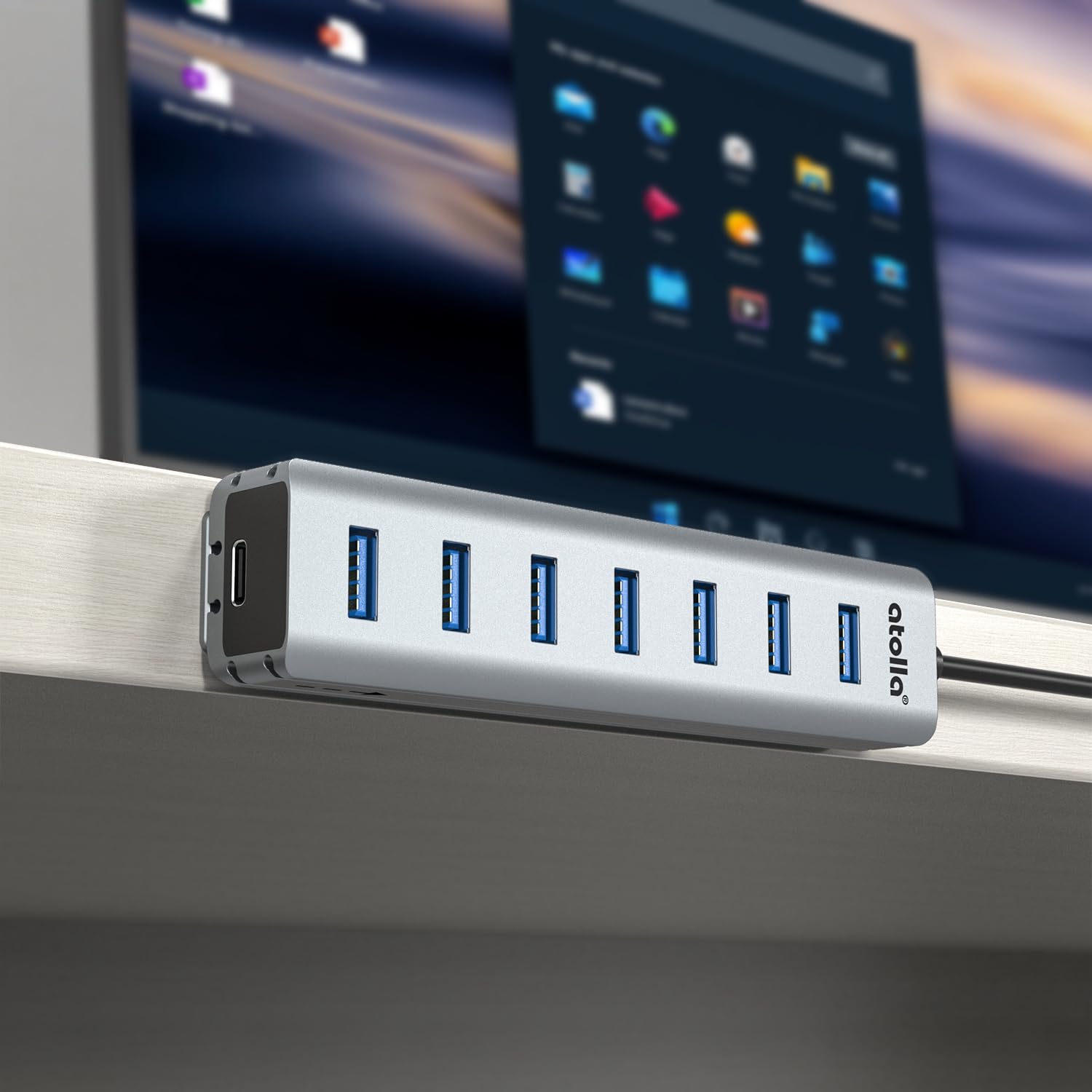 8-Port USB 3.0 Hub mit Aluminium Tischmontage Design, USB Verteiler Adapter mit 100cm Lange Kabel, 5Gbps USB3.0 Datenanschluss, Typ-C Power Port für Desktop, PC, Laptop, Maus, U-Disk 7