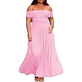 AWASIR Women's Off The Shoulder Maxi Dress Bodycon Ruched Flowy Long Dresses Pleated Summer Dress