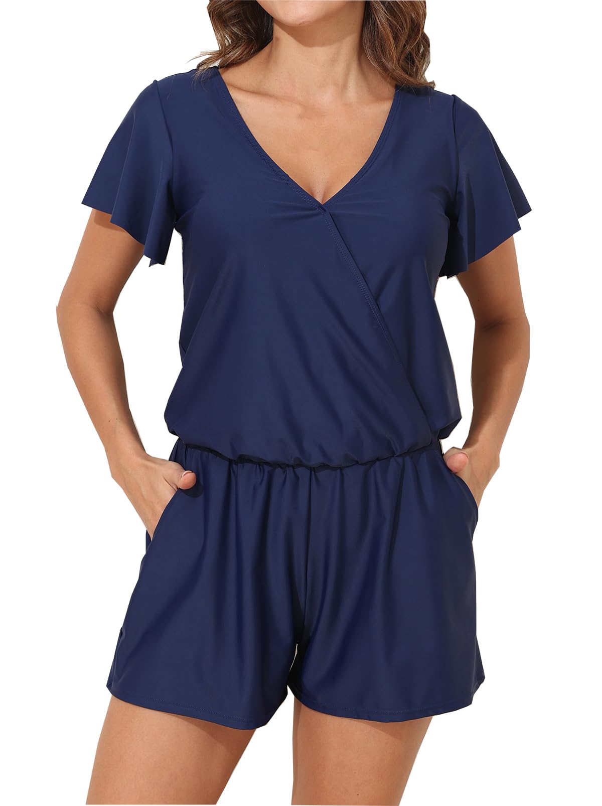 Photo 1 of Smismivo Swim Romper with Built in Bra and Pockets One Piece Swimsuit Shorts Modest Bathing Suit for Women Short Sleeve Swim Suits V Neck Swimwear Navy Blue XL
