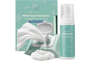 Mama & Wish? Witch Hazel Foam & Pad Liners Bundle for Postpartum Recovery �C Cooling Perineal Spray + 24 Medicated Pads, Stitc