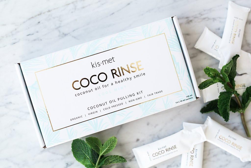 Oil Pulling Kit - for Naturally Whiter Teeth, Fresher Breath, and a Healthier Smile. Kismet Coco Rinse. Organic, Natural Coconut Oil. 14 Day Supply - Delicious Mint Flavour