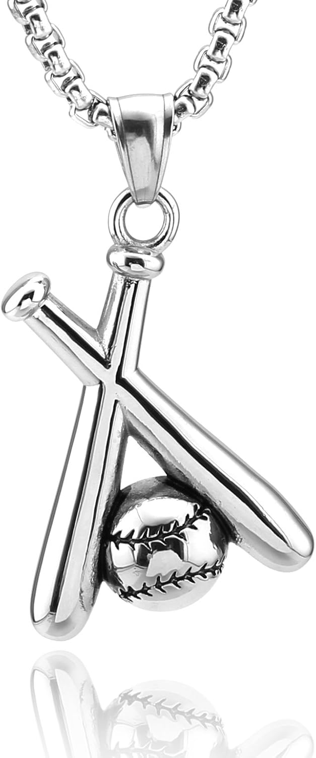 HZMAN Baseball and Baseball Bat Cross Youth Sports Stainless Steel Pendant Necklace 24'' Chain (Silver): Jewelry