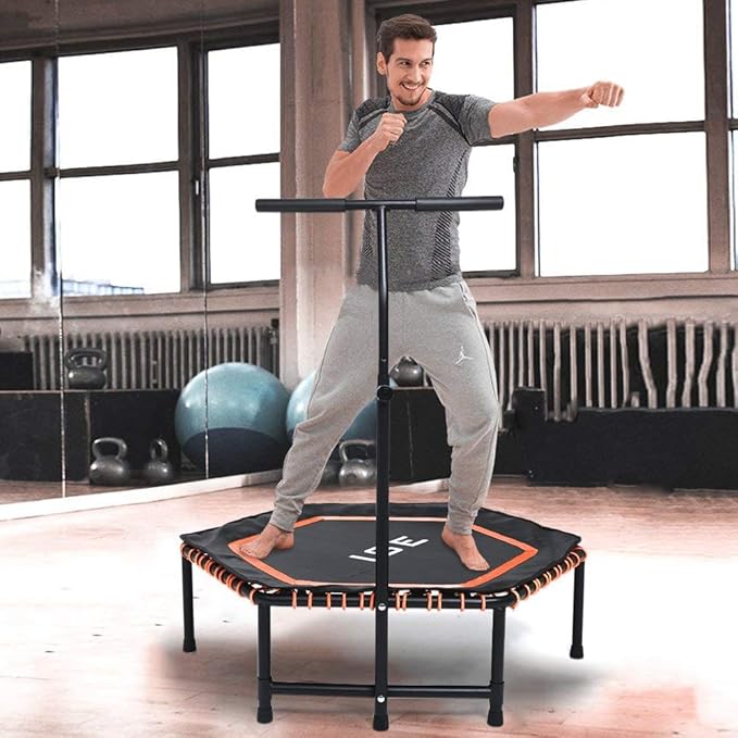 ISE Fitness Trampolin,Trampolin für Jumping Fitness Ø 120 cm höhenverstellbarer Haltegriff(113.5-134.5cm),leise Gummiseilfede