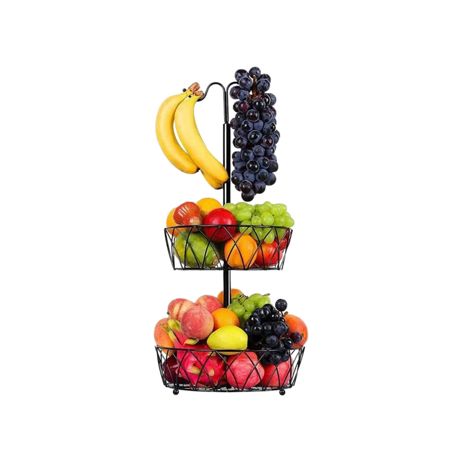 2 Tier Fruit Basket Bowl with 2 Banana Hangers, Metal Wire Fruit Basket, Detachable Fruit Holder, Multi Purpose Fruit Vegetables Storage Basket Holder Stand for Bread, Snack, Veggies(#1)